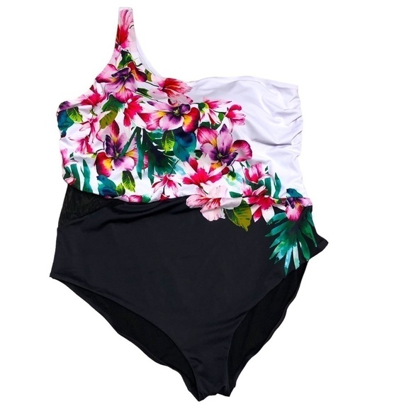 NEW - SWIMSUITS FOR ALL - Pink Floral One Shoulder One Piece Swimsuit - Size 26 - Picture 3 of 11